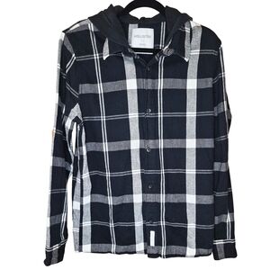 Hollister Hooded Plaid Flannel Shirt Jacket Black White Medium